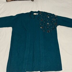 H&M 100% wool Teal Cardigan with Black Embellishments